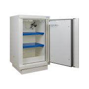 Safety cabinet for storing and charging lithium batteries, white, 90 minutes, 1 door, with shelf and fire extinguisher, 1100 x 635 x 670 mm