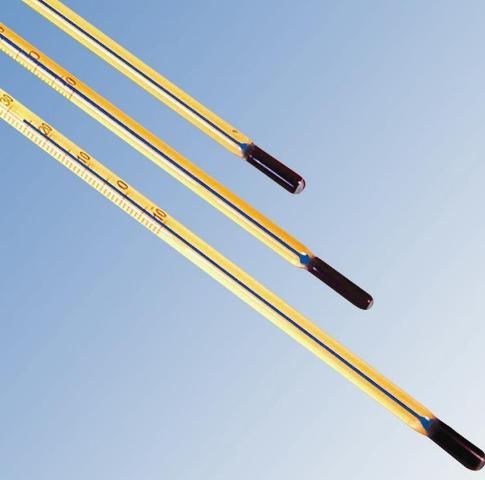 Laboratory thermometer with blue filling, normal division