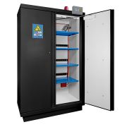 Safety cabinet for storing and charging lithium batteries, black, 90 minutes, 2 doors, with shelf, fire extinguisher, smoke detector, audible and visual alarm, 1950 x 1137 x 620 mm