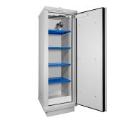 Safety cabinet for storing and charging lithium batteries, white, 90 minutes, 1 door, with shelf and fire extinguisher, 1950 x 635 620 mm